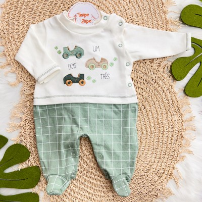 Macacão Malha Trape Zape - Carrinhos Um, Dois, Três - Verde e Off White